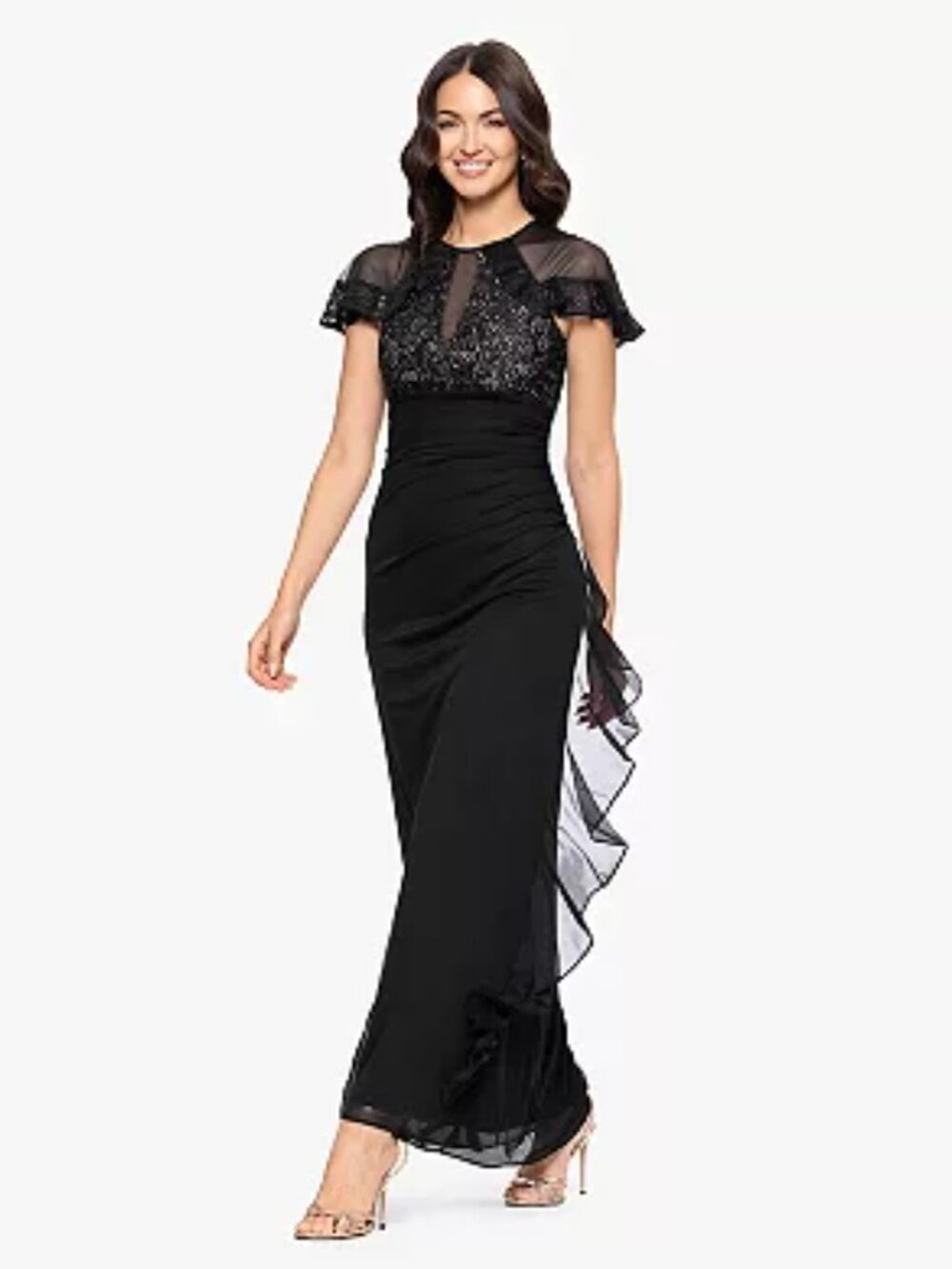 Women's BA Nites Sheer Matte Jersey Gown with Short Lace Sleeves, Black, 10